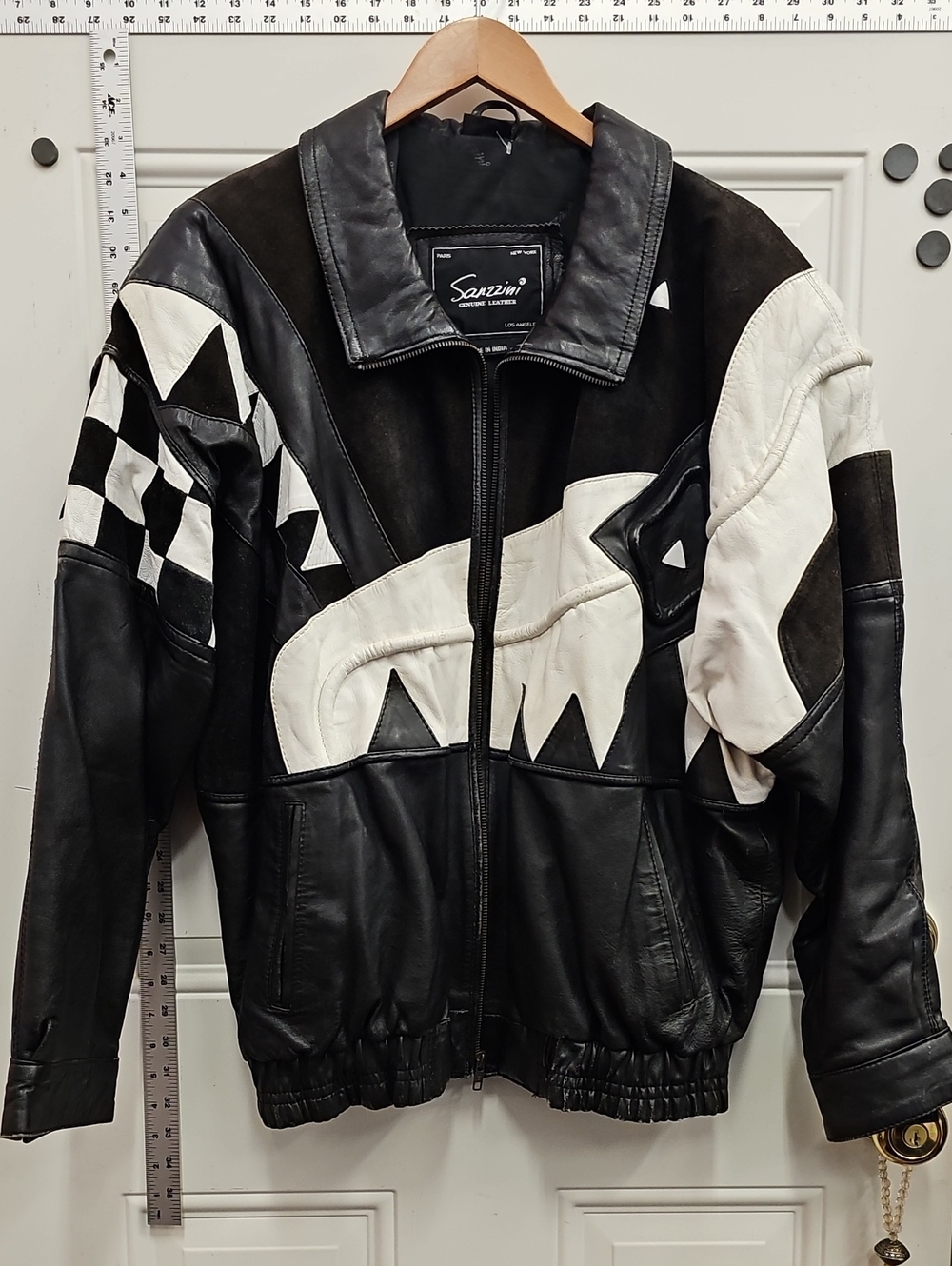 Black & White Leather Bomber Jacket - Men's, 80s, Vintage Style
